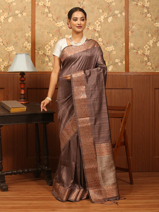 Grey-Brown Dual Tone Semi Raw Silk Banarasi Saree with Copper and Silver Weaving