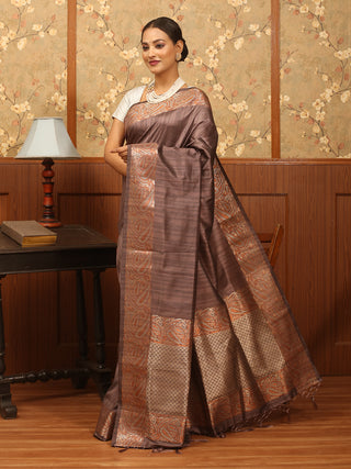 Grey-Brown Dual Tone Semi Raw Silk Banarasi Saree with Copper and Silver Weaving