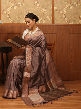 Grey-Brown Dual Tone Semi Raw Silk Banarasi Saree with Copper and Silver Weaving