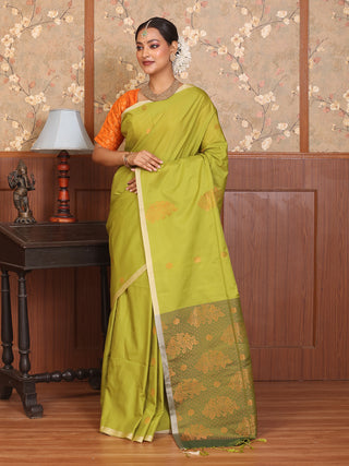 Olive Green Blended Silk Banarasi Saree With Golden Zari Weave