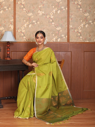 Olive Green Blended Silk Banarasi Saree With Golden Zari Weave