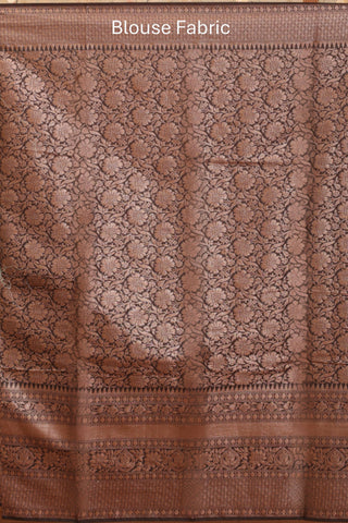 Cream Semi Georgette Banaras Saree With Brown And Red Traditional Border And Butis