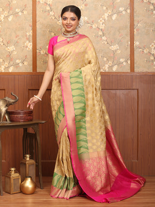Light Gold, Pink And Green, Pure Khaddi Georgette Banaras Handloom Saree