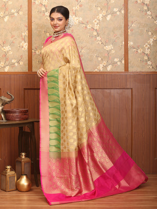 Light Gold, Pink And Green, Pure Khaddi Georgette Banaras Handloom Saree