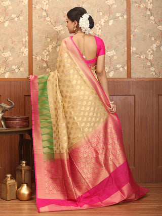 Light Gold, Pink And Green, Pure Khaddi Georgette Banaras Handloom Saree