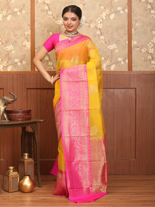 Yellow And Fuchsia Pure Kora Banaras Handloom Saree