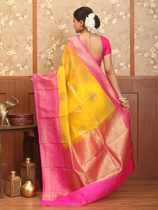 Yellow And Fuchsia Pure Kora Banaras Handloom Saree