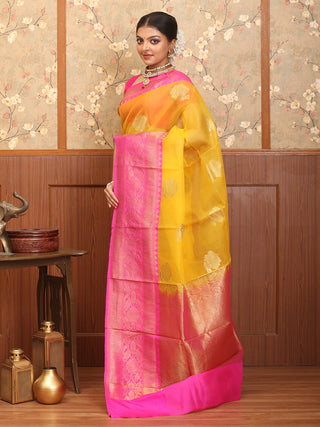 Yellow And Fuchsia Pure Kora Banaras Handloom Saree