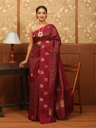 Wine Colour Premium Banaras Handloom Raw Mango Katan Silk Saree