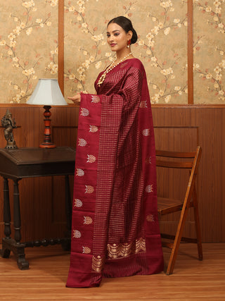 Wine Colour Premium Banaras Handloom Raw Mango Katan Silk Saree