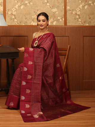 Wine Colour Premium Banaras Handloom Raw Mango Katan Silk Saree