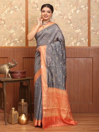 Grey and Peach Banaras Handloom Linen Silk Saree
