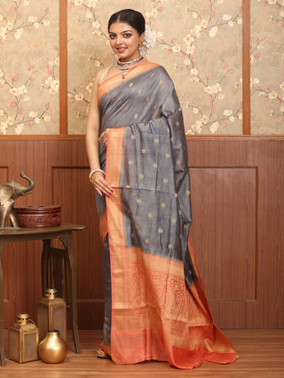 Grey and Peach Banaras Handloom Linen Silk Saree