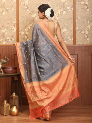 Grey and Peach Banaras Handloom Linen Silk Saree
