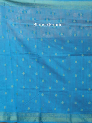 Peach and Blue Banaras Handloom Linen Silk Saree