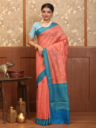 Peach and Blue Banaras Handloom Linen Silk Saree