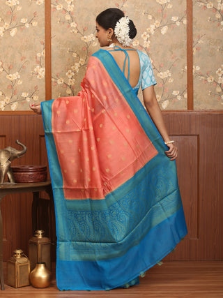 Peach and Blue Banaras Handloom Linen Silk Saree