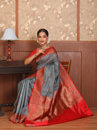 Grey And Red Pure Tussar Silk Banaras Handloom Saree