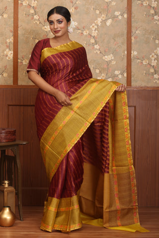 Maroon And Mustard Yellow Pure Tussar Silk  Banaras Handloom Saree