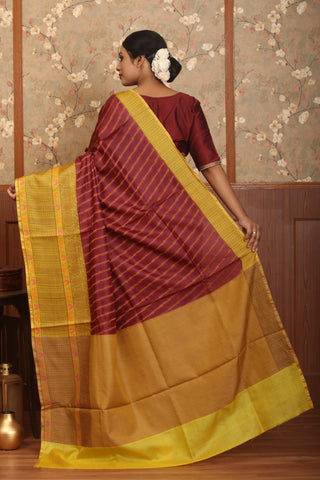 Maroon And Mustard Yellow Pure Tussar Silk  Banaras Handloom Saree