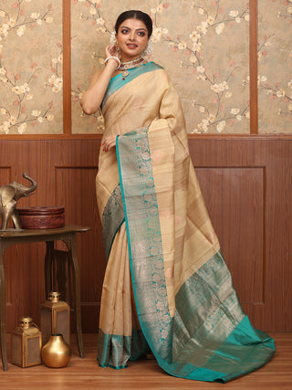 Natural Tussar Body and Teal Border Pure Tussar Silk  Banaras Handloom Saree