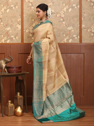 Natural Tussar Body and Teal Border Pure Tussar Silk  Banaras Handloom Saree