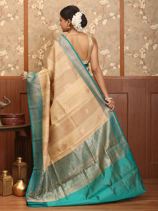 Natural Tussar Body and Teal Border Pure Tussar Silk  Banaras Handloom Saree