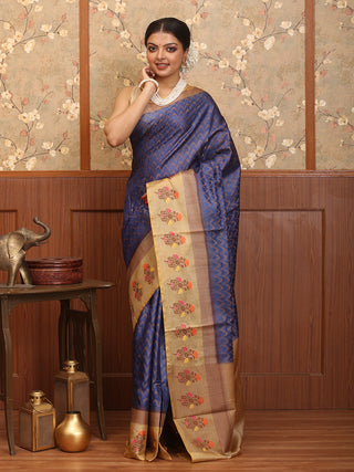 Blue and Beige Pure Tussar Silk  Banaras Handloom Saree