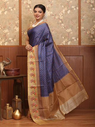 Blue and Beige Pure Tussar Silk  Banaras Handloom Saree