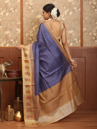 Blue and Beige Pure Tussar Silk  Banaras Handloom Saree
