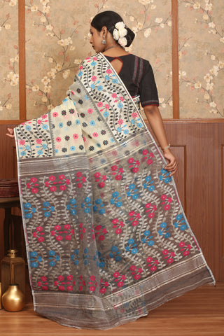 Cream Powerloom Cotton Silk Dhakai Jamdani With Magenta, Blue And Black Floral Weaves