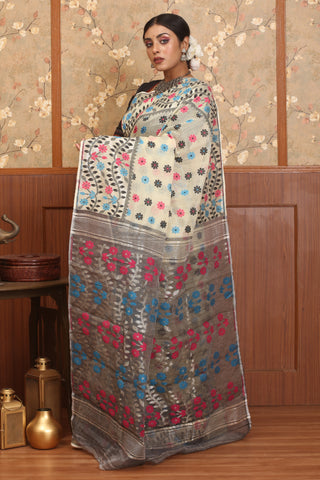 Cream Powerloom Cotton Silk Dhakai Jamdani With Magenta, Blue And Black Floral Weaves
