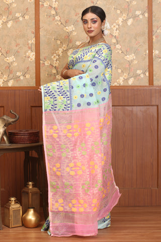 Sea Green And Pink Powerloom Cotton Silk Dhakai Jamdani With Yellow, Blue And Green Floral Weaves