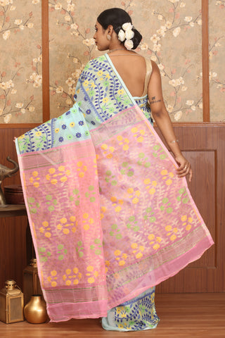 Sea Green And Pink Powerloom Cotton Silk Dhakai Jamdani With Yellow, Blue And Green Floral Weaves