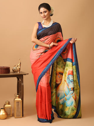 Red Base Bishnupur Pure Silk Saree With Colourful Hand Painting