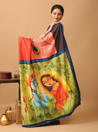 Red Base Bishnupur Pure Silk Saree With Colourful Hand Painting