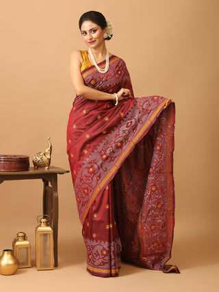 Maroon Pure Bangalore Silk Saree With Hand Kantha Embroidery