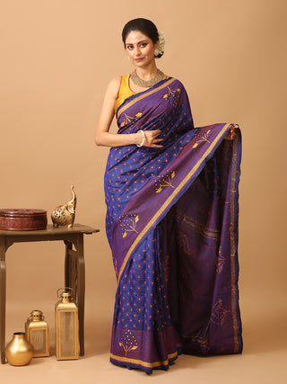Royal Blue Pure Bangalore Silk Saree With Hand Kantha Embroidery