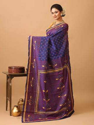 Royal Blue Pure Bangalore Silk Saree With Hand Kantha Embroidery
