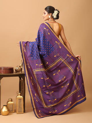 Royal Blue Pure Bangalore Silk Saree With Hand Kantha Embroidery