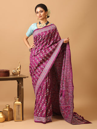 Purple Colour Pure Bangalore Silk Saree With Hand Kantha Embroidery