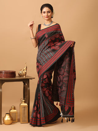 Black Pure Bangalore Silk Saree With Hand Kantha Embroidery