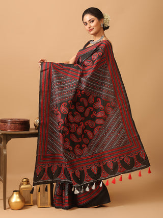 Black Pure Bangalore Silk Saree With Hand Kantha Embroidery