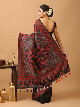 Black Pure Bangalore Silk Saree With Hand Kantha Embroidery