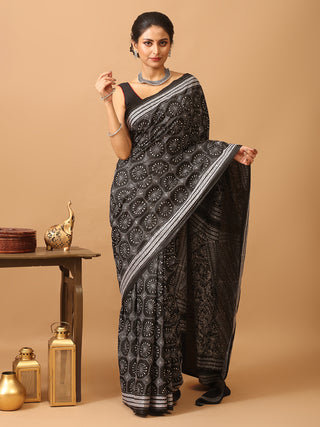 Black Pure Bangalore Silk Saree With Hand Kantha Embroidery And Running Blouse