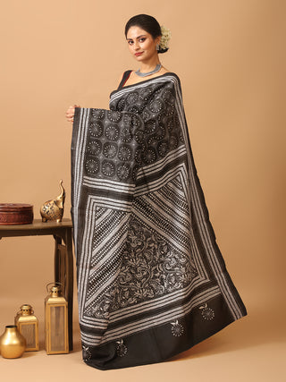 Black Pure Bangalore Silk Saree With Hand Kantha Embroidery And Running Blouse
