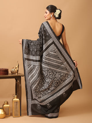 Black Pure Bangalore Silk Saree With Hand Kantha Embroidery And Running Blouse