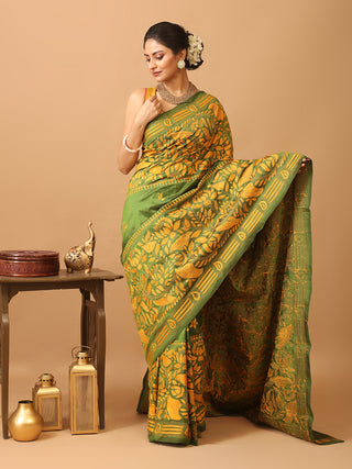 Green Pure Bangalore Silk Saree With Hand Kantha Embroidery