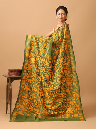 Green Pure Bangalore Silk Saree With Hand Kantha Embroidery