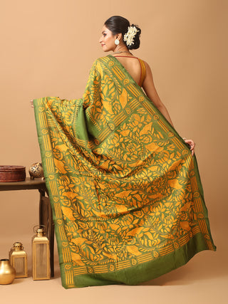 Green Pure Bangalore Silk Saree With Hand Kantha Embroidery